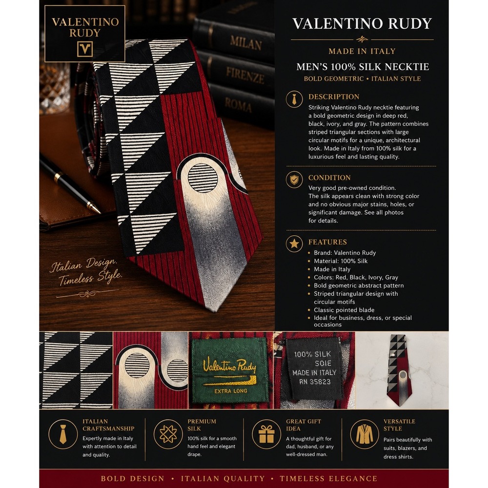 Valentino Rudy Men's 100% Silk Tie Made in Italy Red Black Geometric Abstract